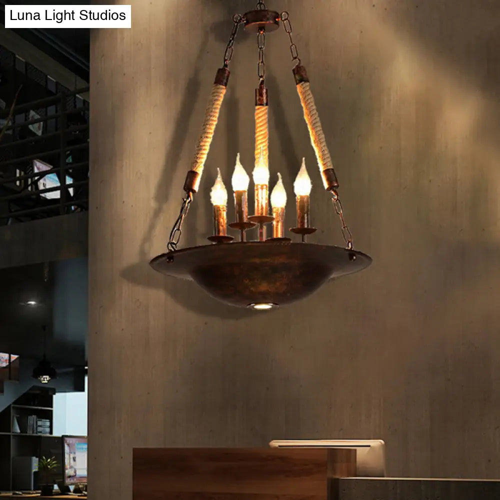 Hanging Chandelier Industrial Rust Candle Pendant Light Fixture With 5 Lights & Rope Chain