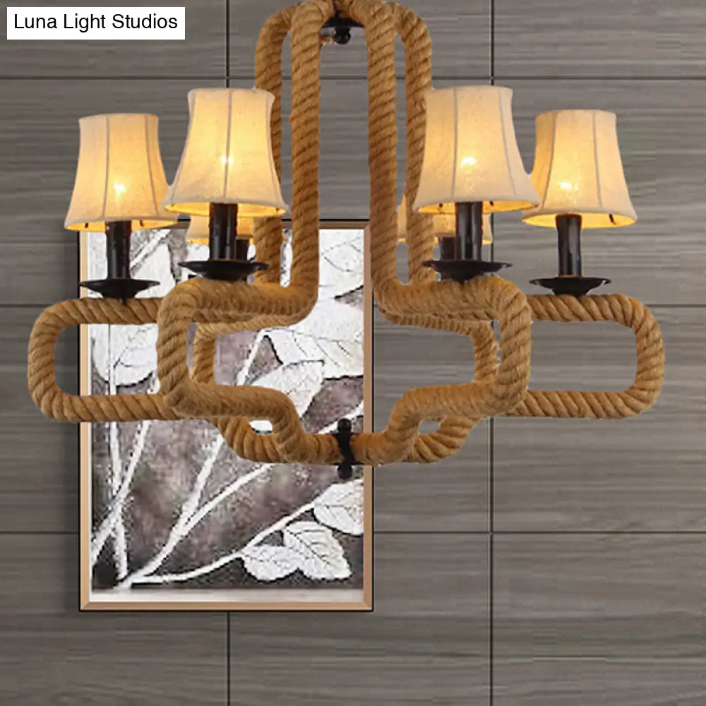 Hanging Chandelier Light With Bell Fabric Shades Loft Style 6 Heads Brown Rope Detail - Perfect For