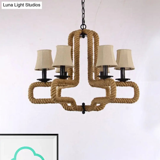 Hanging Chandelier Light With Bell Fabric Shades Loft Style 6 Heads Brown Rope Detail - Perfect For