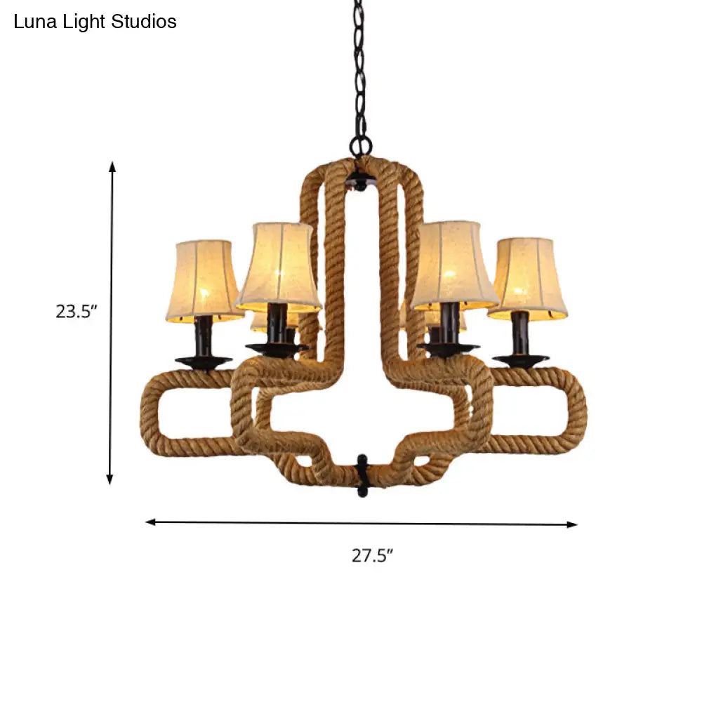 Hanging Chandelier Light With Bell Fabric Shades Loft Style 6 Heads Brown Rope Detail - Perfect For