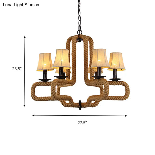 Loft Style 6-Head Brown Chandelier Light With Fabric Bell Shades And Rope Detail - Ideal For