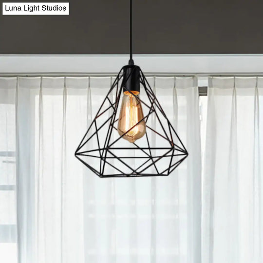 Black Metal Diamond Shade Farmhouse Kitchen Ceiling Fixture With Wire Frame