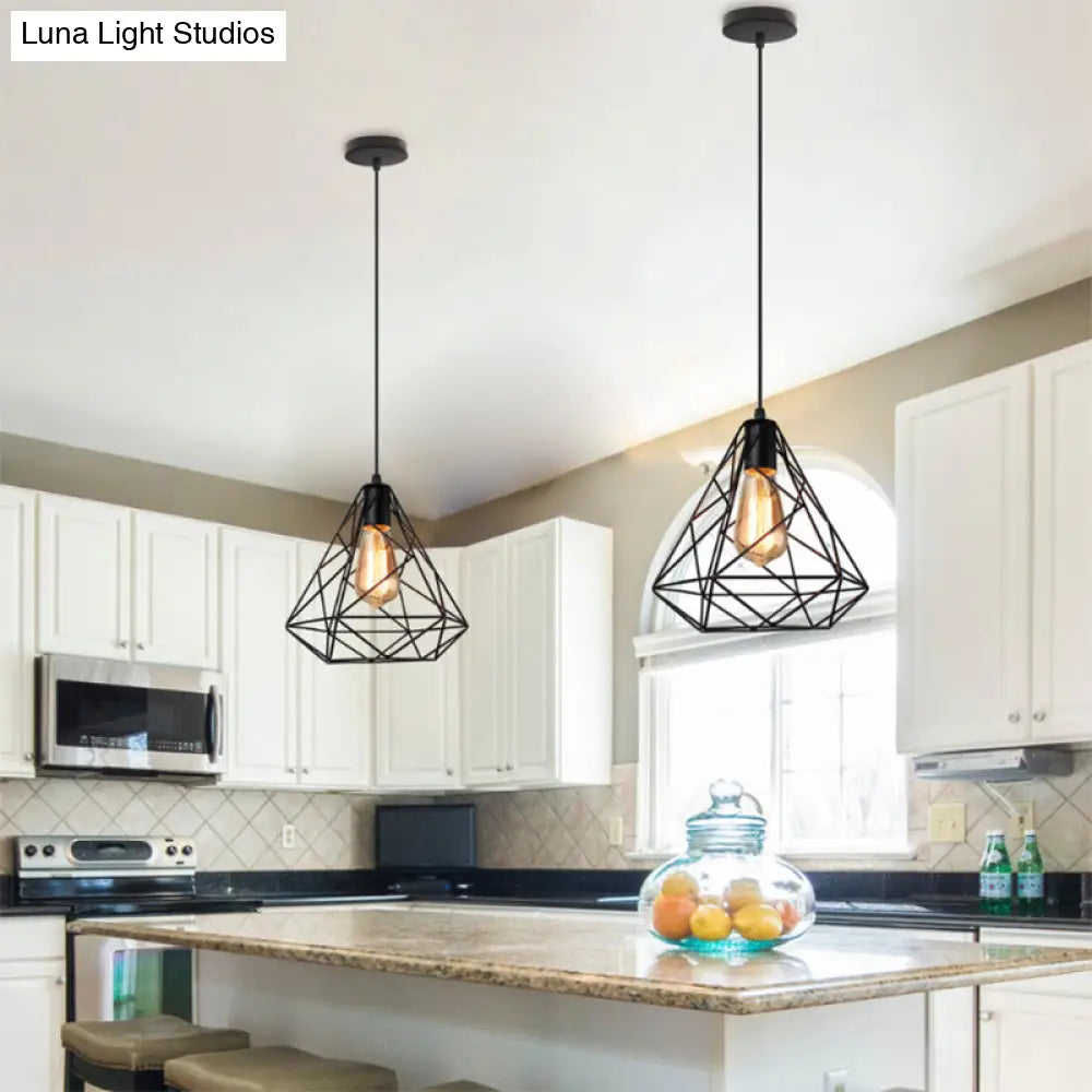 Hanging Diamond Shade Metal Kitchen Ceiling Light With Farmhouse Style And Wire Frame In Black