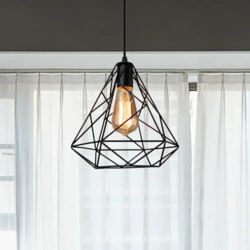 Hanging Diamond Shade Metal Kitchen Ceiling Light With Farmhouse Style And Wire Frame In Black