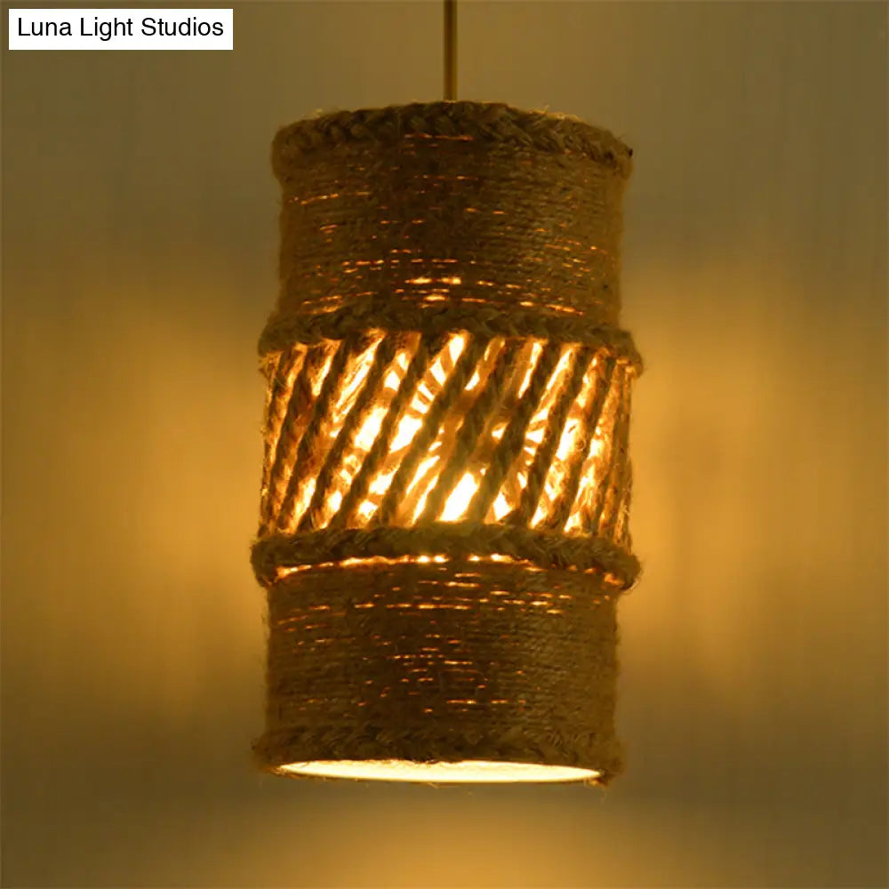 Hanging Farmhouse Style Beige Rope Ceiling Lamp - 1 Bulb Cylindrical Design For Restaurants