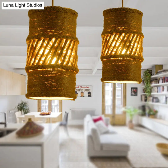 Hanging Farmhouse Style Beige Rope Ceiling Lamp - 1 Bulb Cylindrical Design For Restaurants