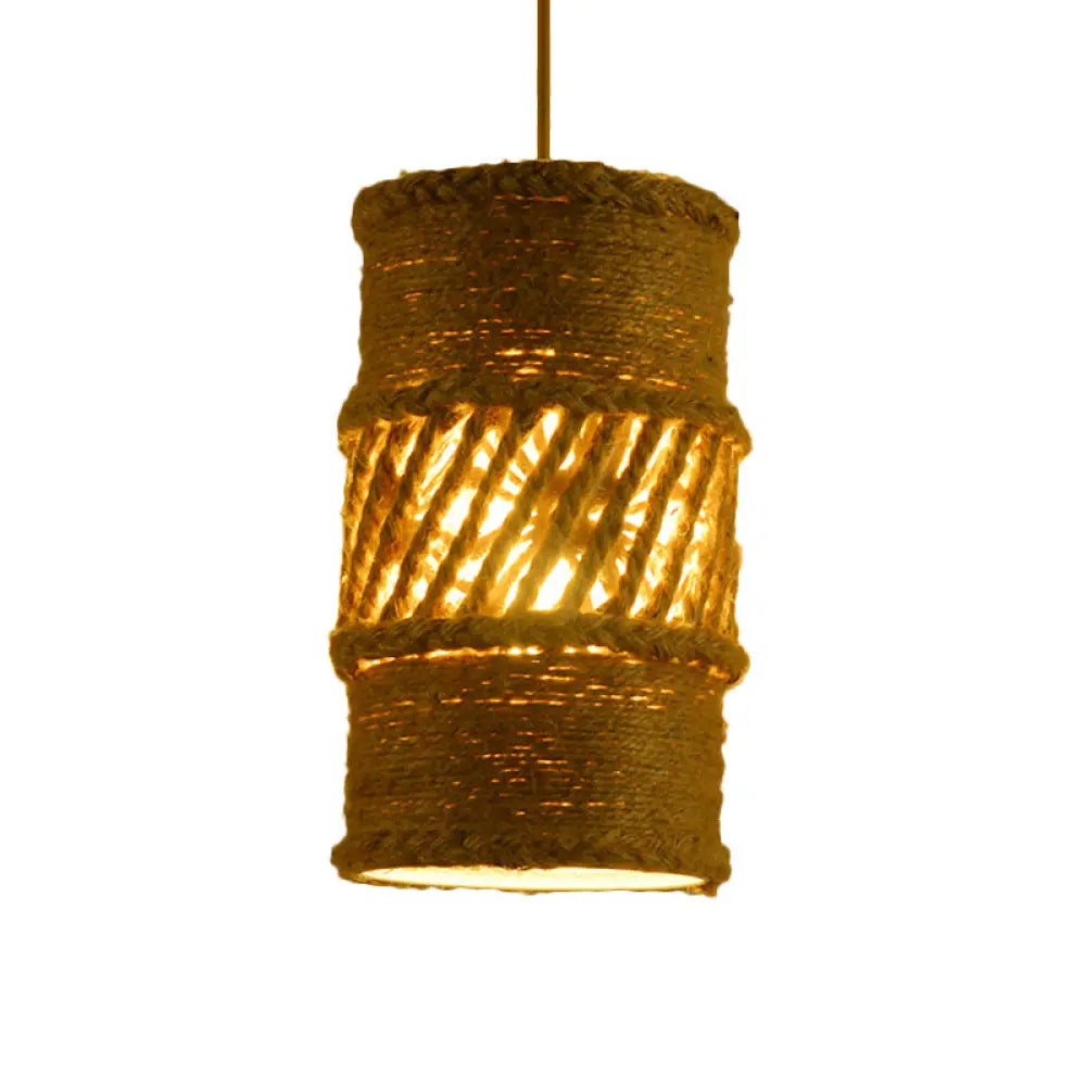 Hanging Farmhouse Style Beige Rope Ceiling Lamp - 1 Bulb Cylindrical Design For Restaurants