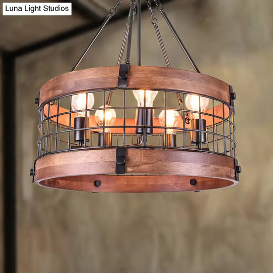 Rustic Metal And Wood Drum Pendant Light With Mesh Screen - Lodge Style Farmhouse Lamp In Brown