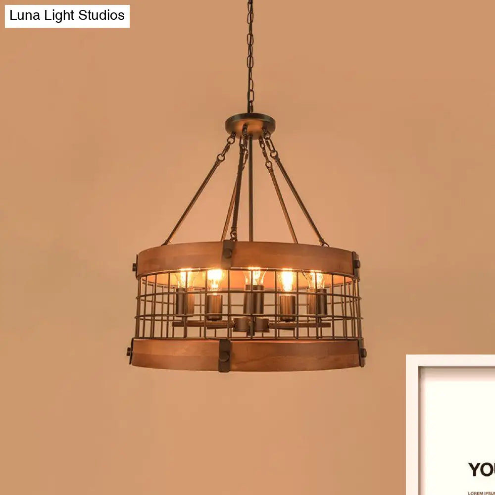 Rustic Metal And Wood Drum Pendant Light With Mesh Screen - Lodge Style Farmhouse Lamp In Brown