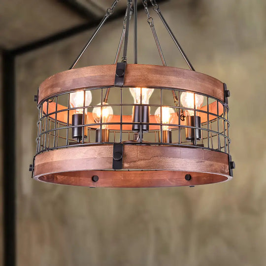 Hanging Farmhouse Suspension Lamp: Drum Metal And Wood Fixture With Mesh Screen Lodge Style Multi