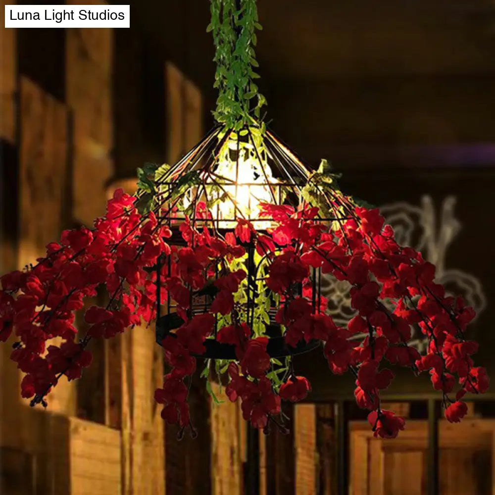 Hanging Industrial Cage Pendant Lamp With Artificial Leaf And Flower Accent