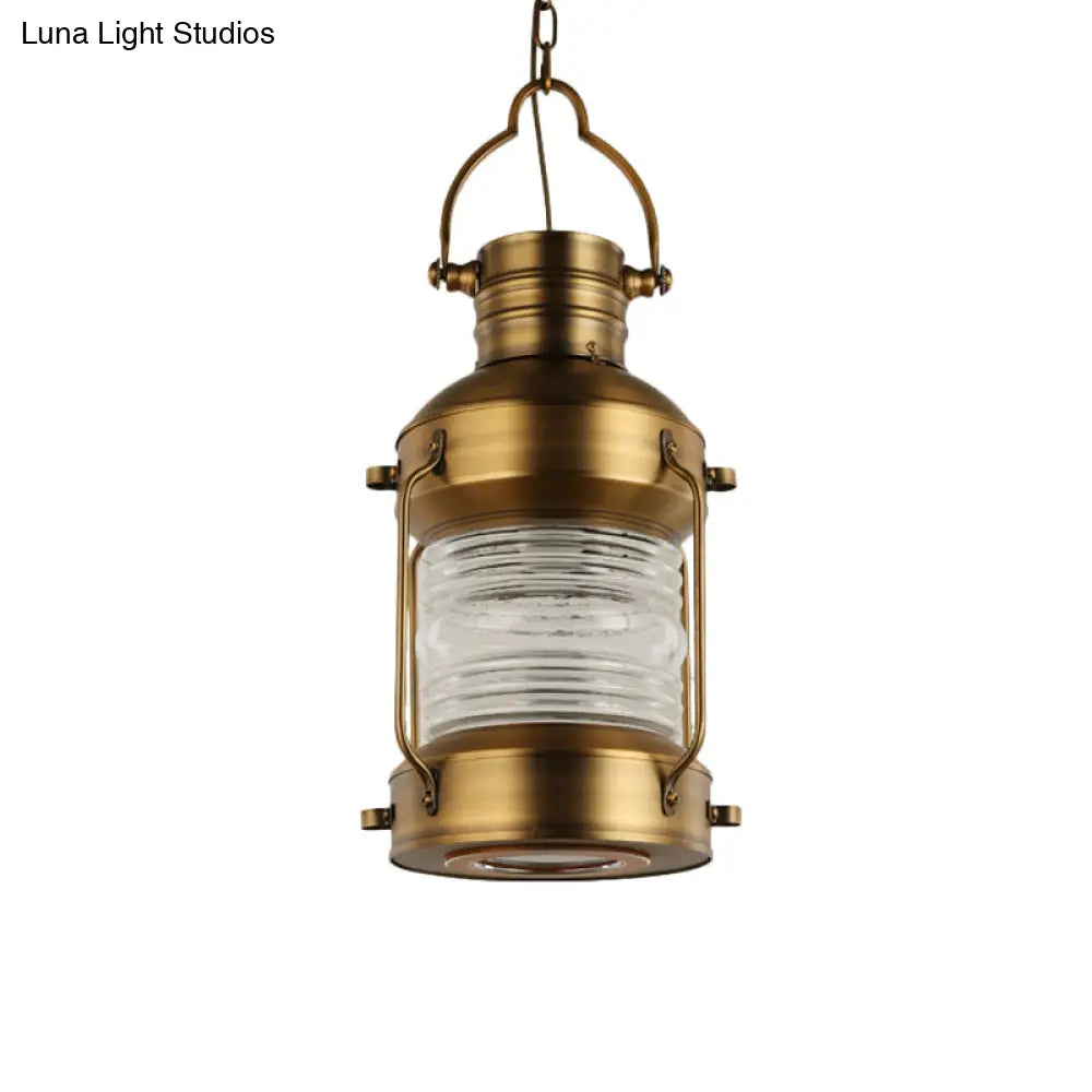 Hanging Lantern Cafe Light Kit - Industrial Iron Gold Suspended Pendant With Clear Glass Shade