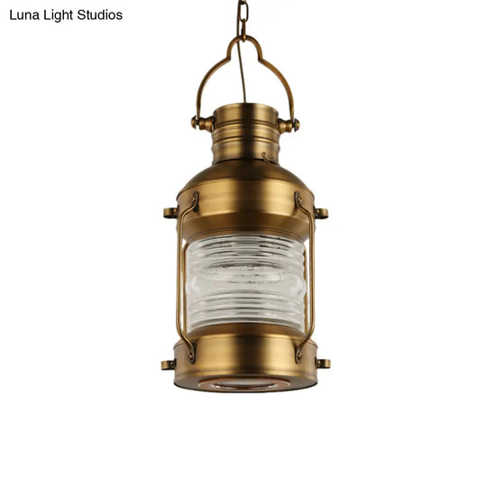 Hanging Lantern Cafe Light Kit - Industrial Iron Gold Suspended Pendant With Clear Glass Shade