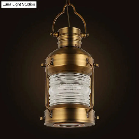 Hanging Lantern Cafe Light Kit - Industrial Iron Gold Suspended Pendant With Clear Glass Shade