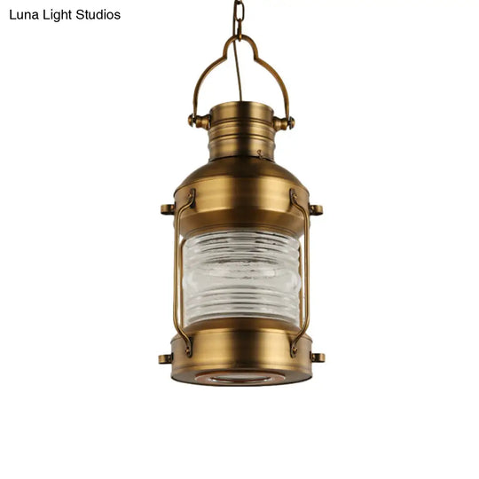 Lantern Cafe Hanging Light Kit - Industrial Iron Pendant With Clear Glass Shade In Gold 1 Bulb