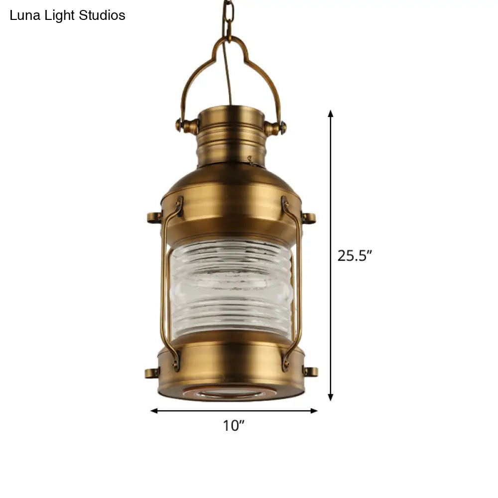 Hanging Lantern Cafe Light Kit - Industrial Iron Gold Suspended Pendant With Clear Glass Shade