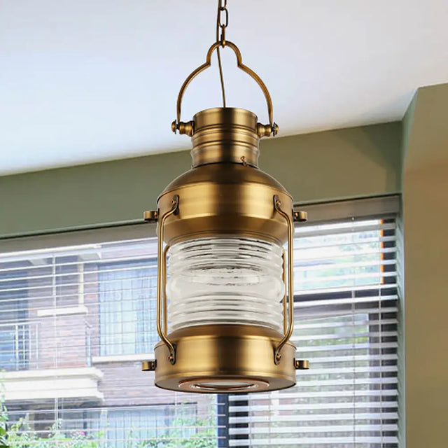 Hanging Lantern Cafe Light Kit - Industrial Iron Gold Suspended Pendant With Clear Glass Shade
