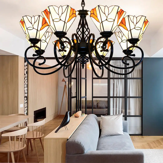 Hanging Lodge Stained Glass Pendant Light With Magnolia Design And Metal Chain For Living Room White