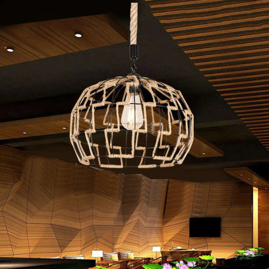 Hanging Pendant Ceiling Light: Rustic Brown Sphere Rope Wrapped Cage For Rural Restaurants