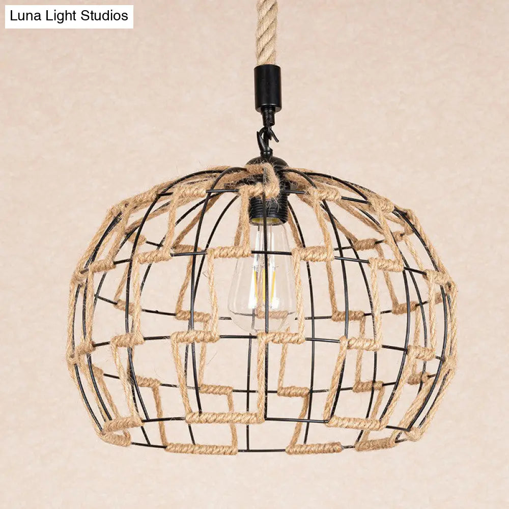 Hanging Pendant Ceiling Light: Rustic Brown Sphere Rope Wrapped Cage For Rural Restaurants
