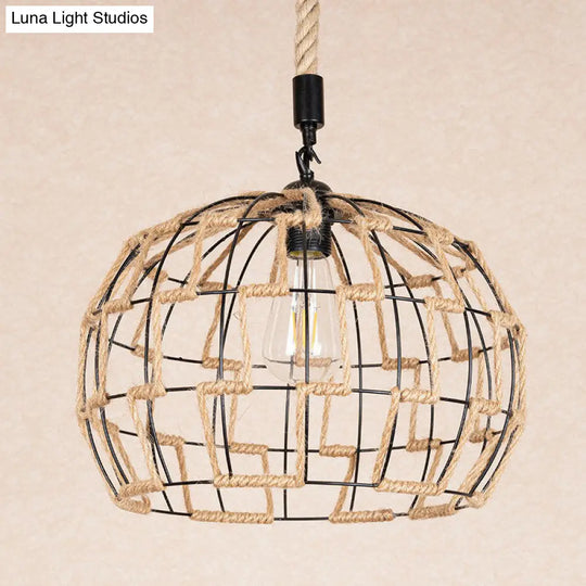 Hanging Pendant Ceiling Light: Rustic Brown Sphere Rope Wrapped Cage For Rural Restaurants