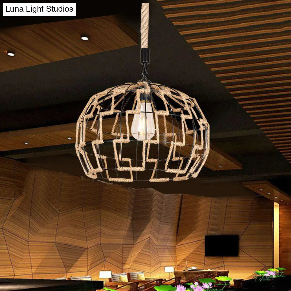 Rustic Brown Hanging Pendant Ceiling Light With Sphere Rope Wrapped Cage - Ideal For Rural