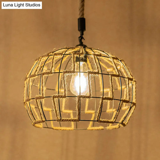 Rustic Brown Hanging Pendant Ceiling Light With Sphere Rope Wrapped Cage - Ideal For Rural