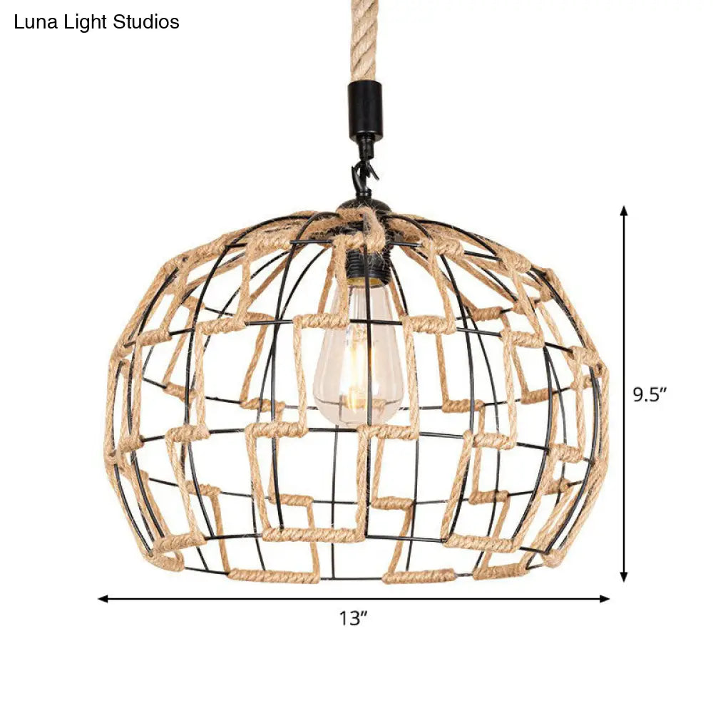 Rustic Brown Hanging Pendant Ceiling Light With Sphere Rope Wrapped Cage - Ideal For Rural