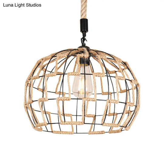 Rustic Brown Hanging Pendant Ceiling Light With Sphere Rope Wrapped Cage - Ideal For Rural