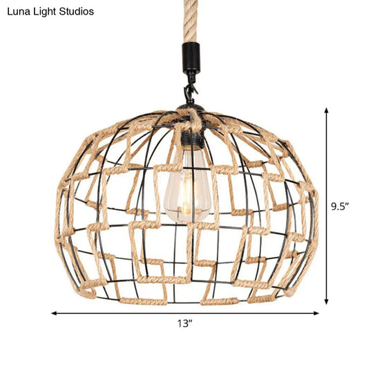 Hanging Pendant Ceiling Light: Rustic Brown Sphere Rope Wrapped Cage For Rural Restaurants