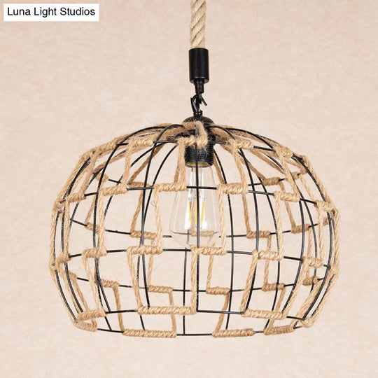 Rustic Brown Hanging Pendant Ceiling Light With Sphere Rope Wrapped Cage - Ideal For Rural