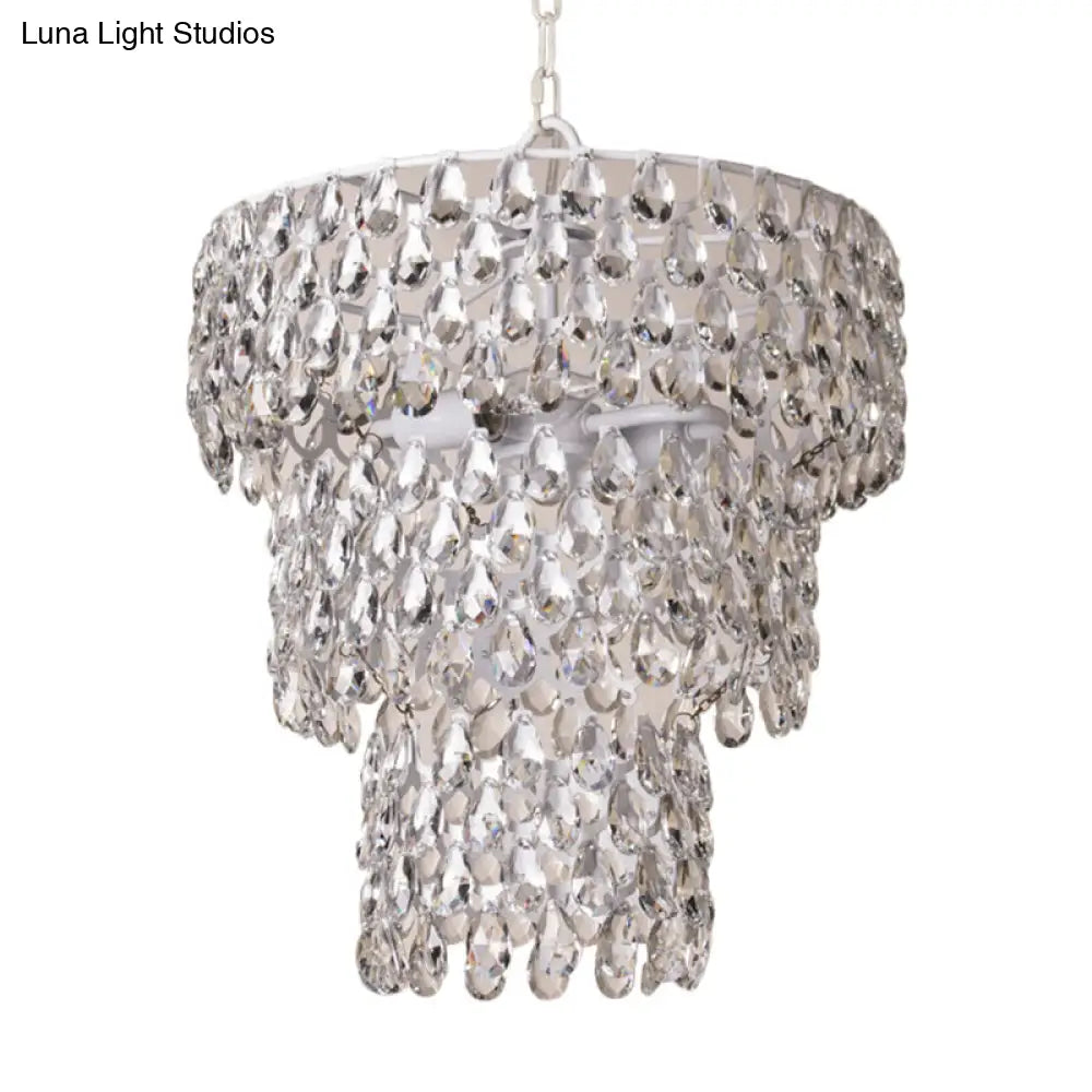 Minimal Tiered Round Crystal Pendant Light With Embedded Clear Crystals - 1 Hanging Suspension