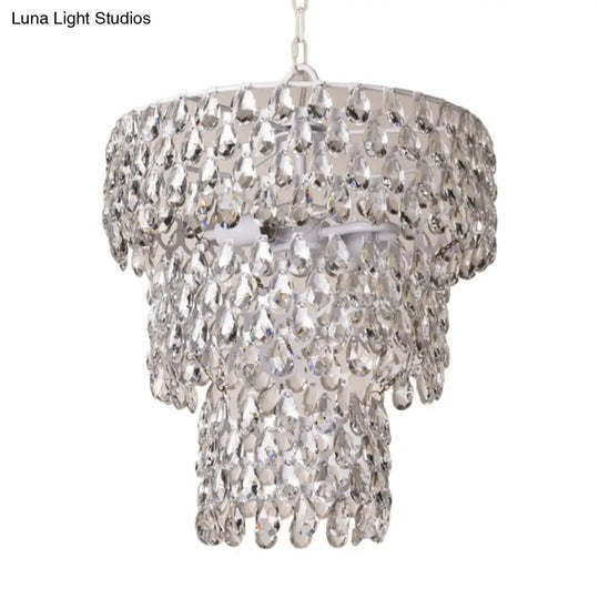 Minimal Tiered Round Crystal Pendant Light With Embedded Clear Crystals - 1 Hanging Suspension