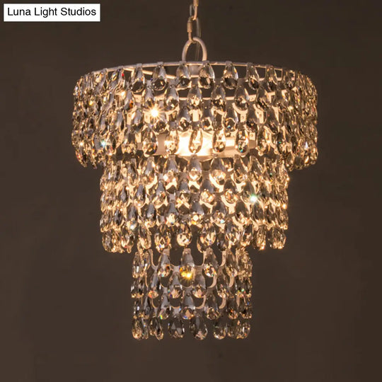 Minimal Tiered Round Crystal Pendant Light With Embedded Clear Crystals - 1 Hanging Suspension