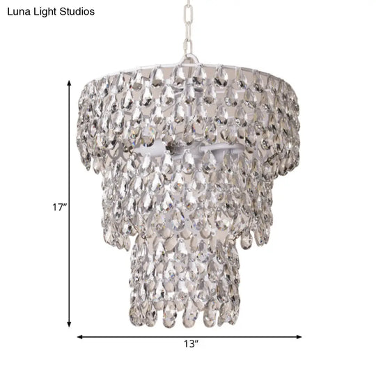 Minimal Tiered Round Crystal Pendant Light With Embedded Clear Crystals - 1 Hanging Suspension