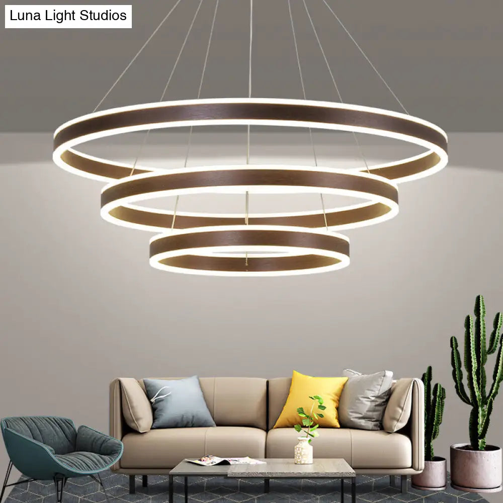 Simplicity 2/3-Tier Coffee Metal Circle Chandelier Lamp With Led For Hanging Pendant In Sit Room