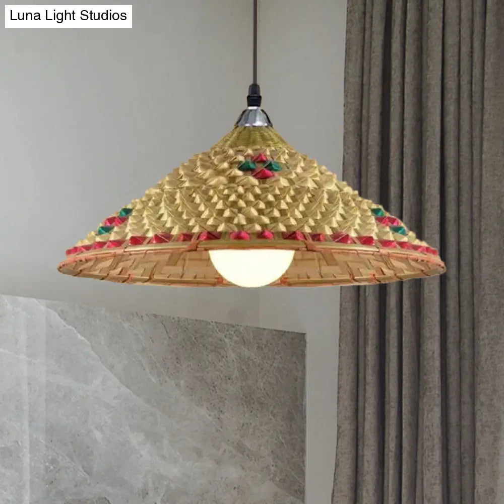 Hanging Rustic Bamboo Pendant Lamp With Hat-Shaped Shade - Perfect For Dining Tables!