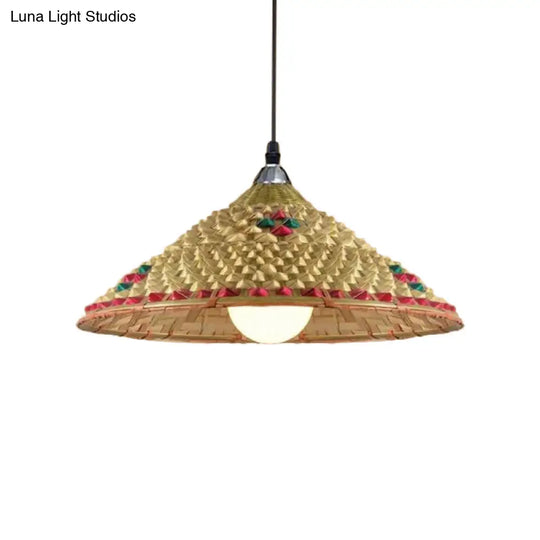 Hanging Rustic Bamboo Pendant Lamp With Hat-Shaped Shade - Perfect For Dining Tables!