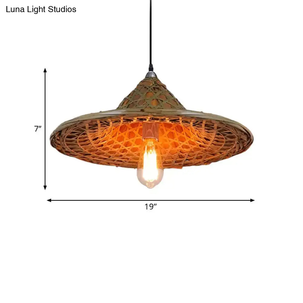 Hanging Rustic Bamboo Pendant Lamp With Hat-Shaped Shade - Perfect For Dining Tables!