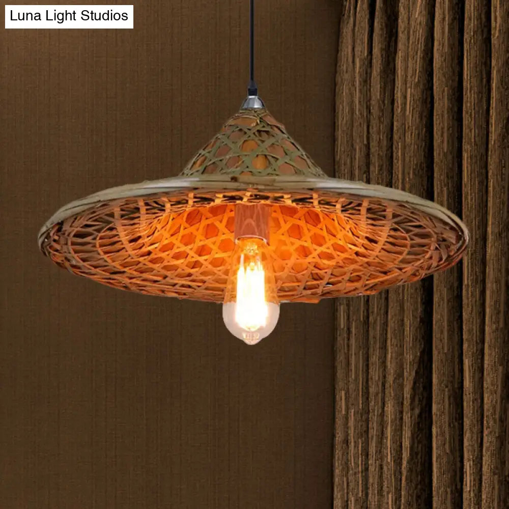 Hanging Rustic Bamboo Pendant Lamp With Hat-Shaped Shade - Perfect For Dining Tables!