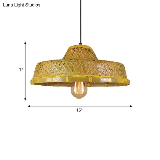 Hanging Rustic Bamboo Pendant Lamp With Hat-Shaped Shade - Perfect For Dining Tables!