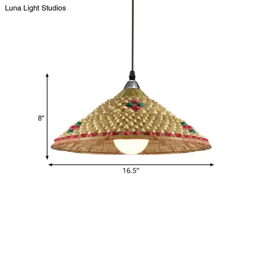 Hanging Rustic Bamboo Pendant Lamp With Hat-Shaped Shade - Perfect For Dining Tables!