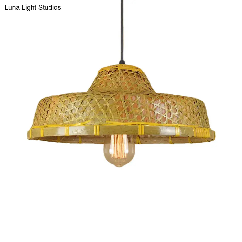 Hanging Rustic Bamboo Pendant Lamp With Hat-Shaped Shade - Perfect For Dining Tables!