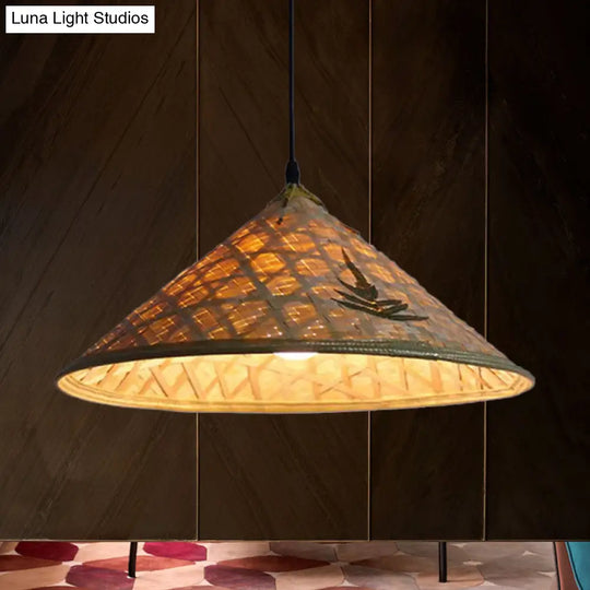 Hanging Rustic Bamboo Pendant Lamp With Hat-Shaped Shade - Perfect For Dining Tables!