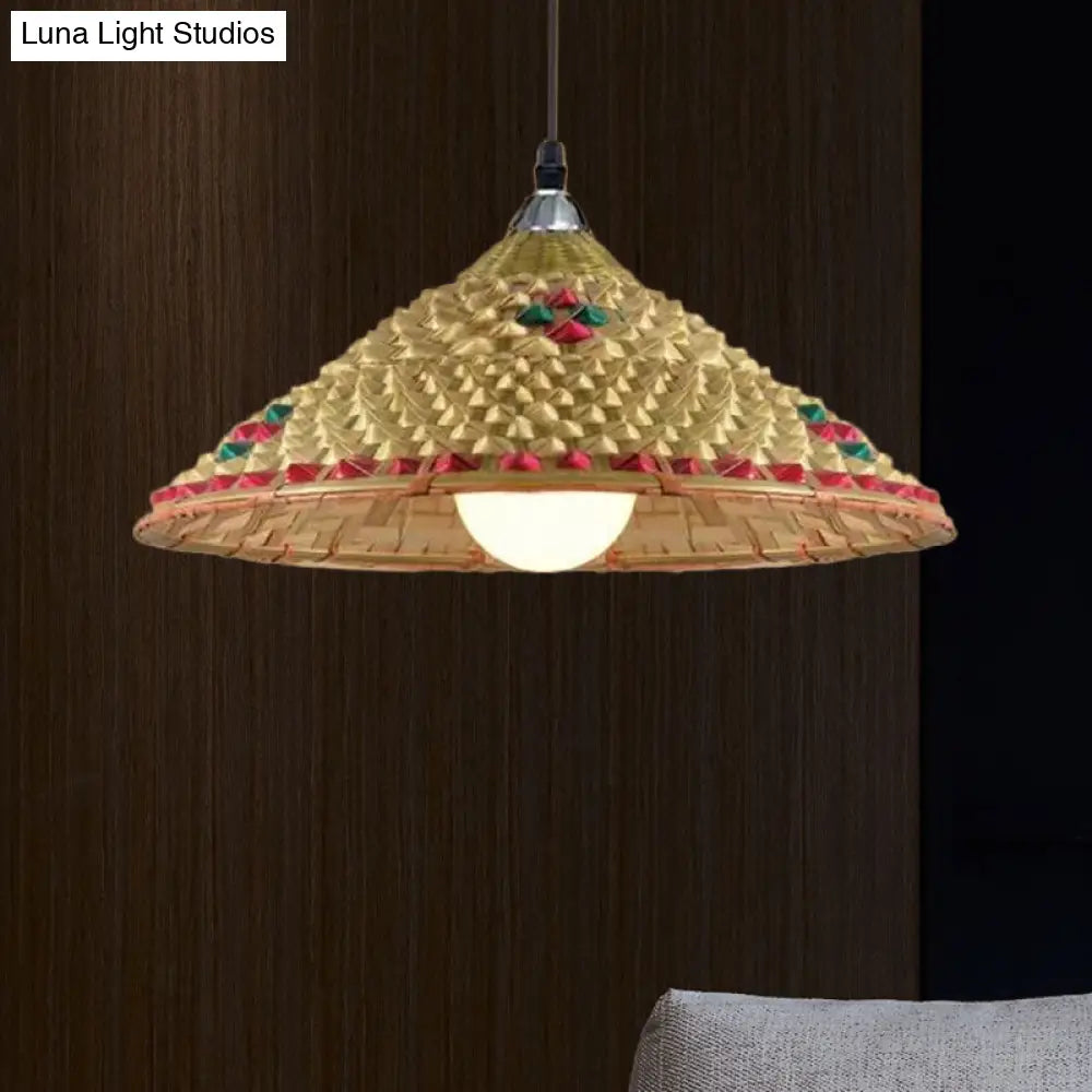 Hanging Rustic Bamboo Pendant Lamp With Hat-Shaped Shade - Perfect For Dining Tables!