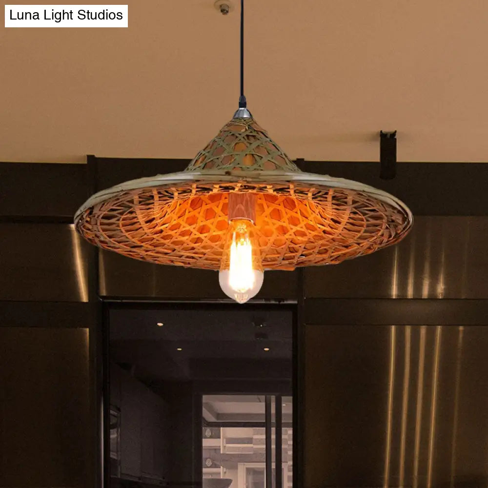 Hanging Rustic Bamboo Pendant Lamp With Hat-Shaped Shade - Perfect For Dining Tables!