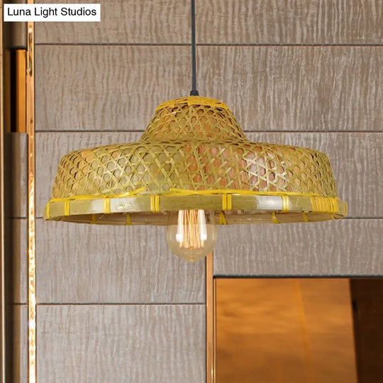 Hanging Rustic Bamboo Pendant Lamp With Hat-Shaped Shade - Perfect For Dining Tables!