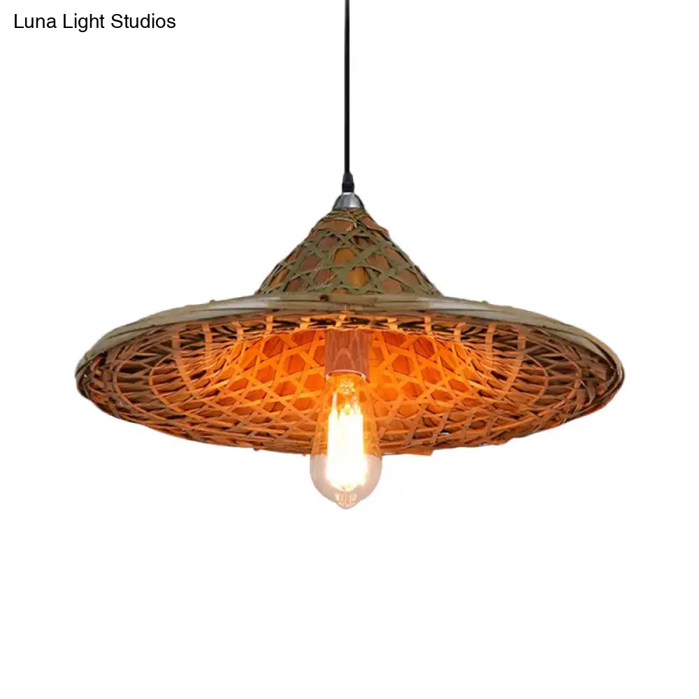 Hanging Rustic Bamboo Pendant Lamp With Hat-Shaped Shade - Perfect For Dining Tables!