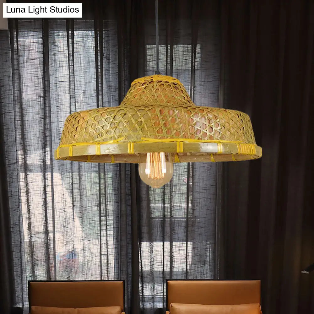 Hanging Rustic Bamboo Pendant Lamp With Hat-Shaped Shade - Perfect For Dining Tables!