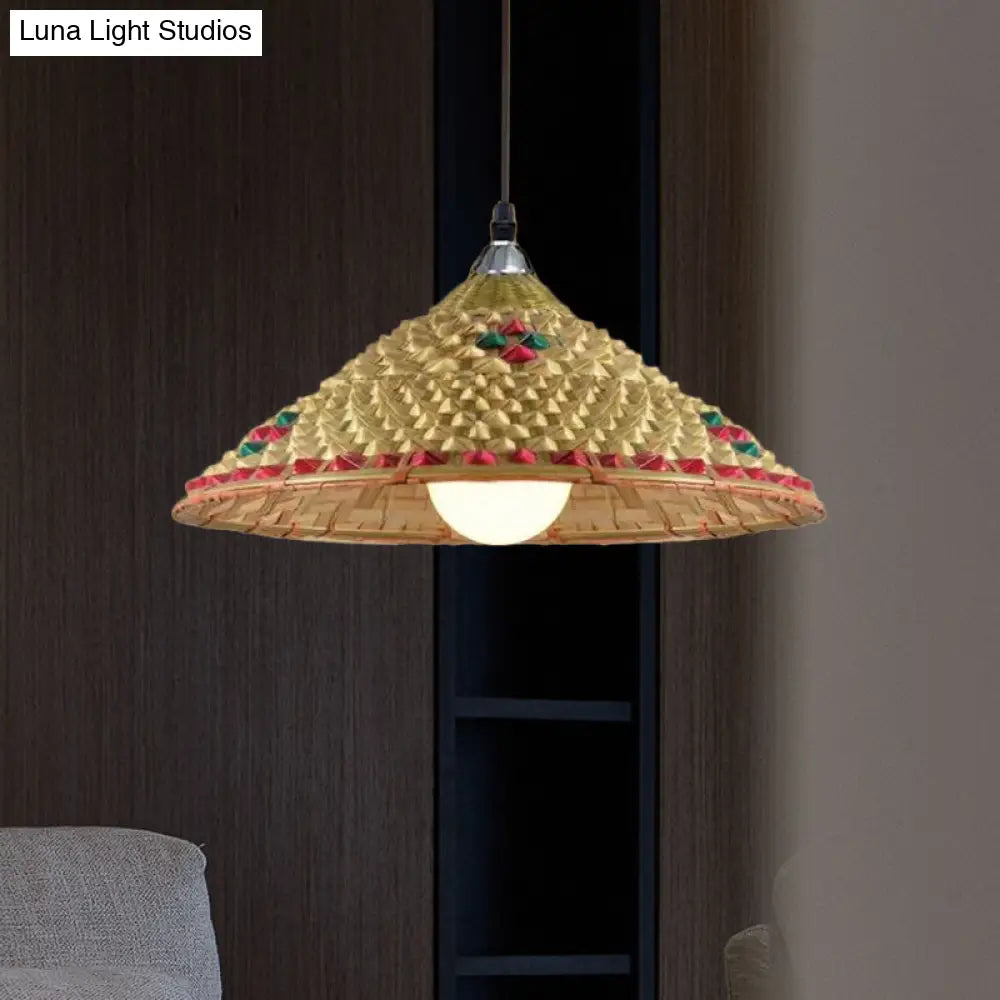 Hanging Rustic Bamboo Pendant Lamp With Hat-Shaped Shade - Perfect For Dining Tables!